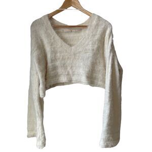 Urban Outfitters UO crop cream v neck fuzzy knit crop sweater with bell  sleeves